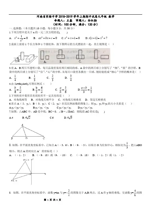 2018-2019学年河南省实验中学上期期中试卷九年级 数学