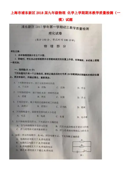 上海市浦东新区九年级物理化学上学期期末教学质量检测(一模)试题(扫描版)(new)