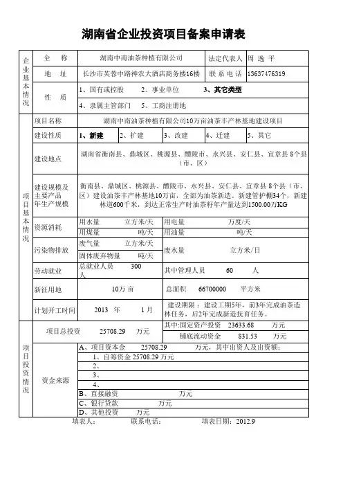 湖南省企业投资项目备案申请表