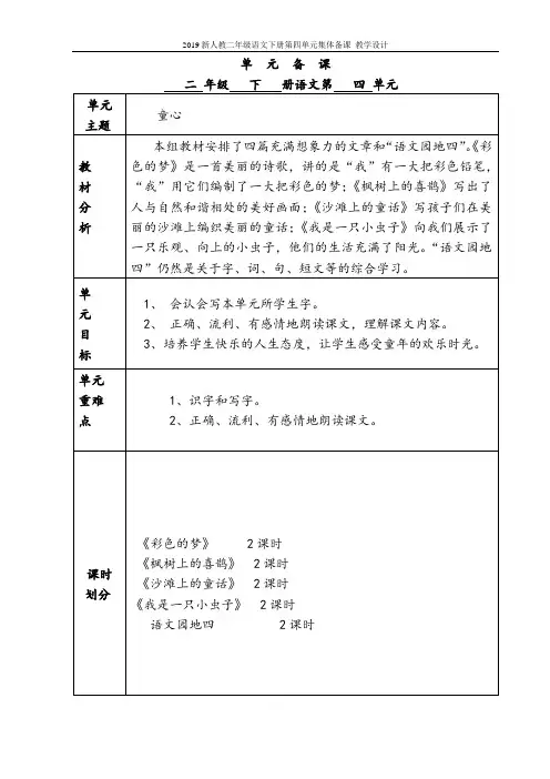 2019新人教二年级语文下册第四单元集体备课_教学设计