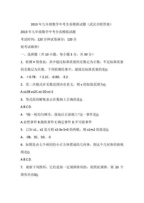 2013年九年级数学中考全真模拟试题(武汉市附答案)