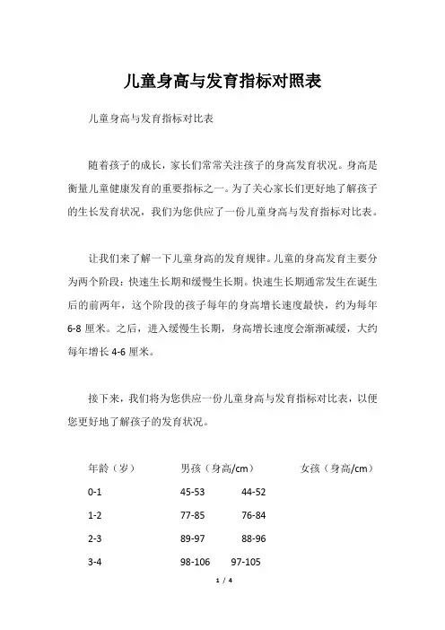 儿童身高与发育指标对照表