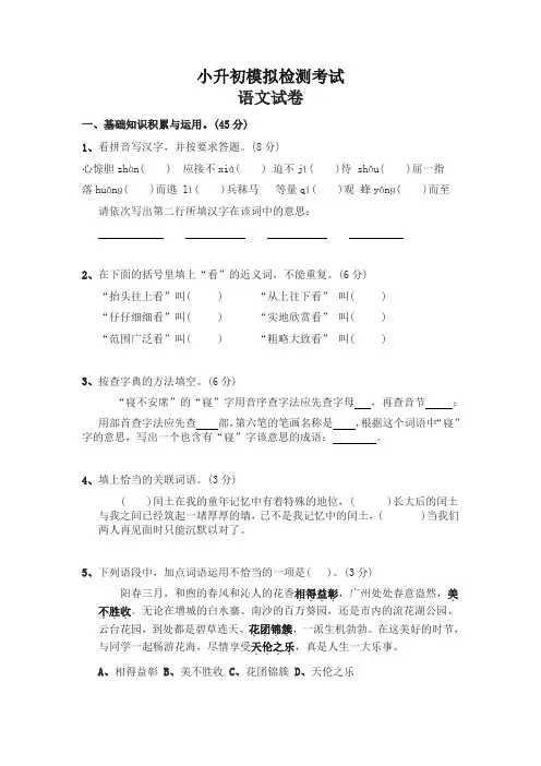2020年小升初语文模拟试卷及答案【精选】