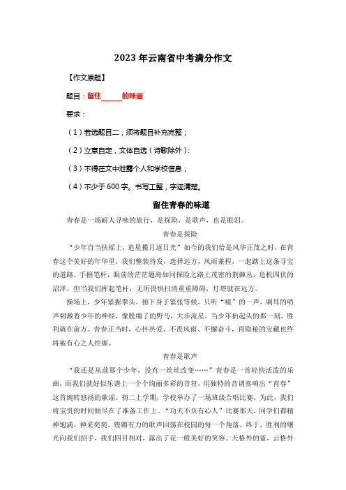 2023年云南省中考满分作文《留住青春的味道》
