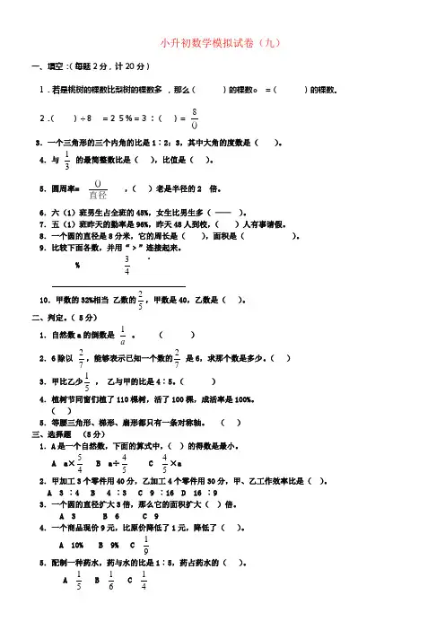 六年级数学下册小升初模拟试卷九无答案青岛版