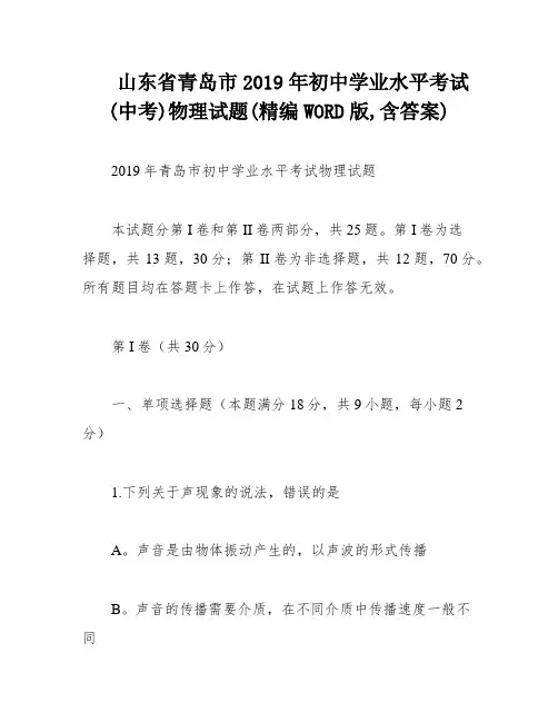 山东省青岛市2019年初中学业水平考试(中考)物理试题(精编WORD版,含答案)