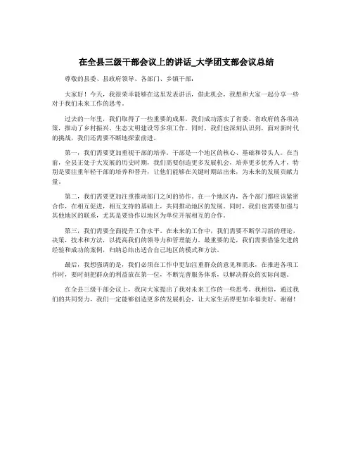 在全县三级干部会议上的讲话_大学团支部会议总结