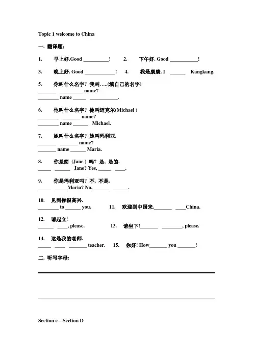 湘教版(仁爱版)七年级英语上册unit 1 Topic 1 welcome to China 练习