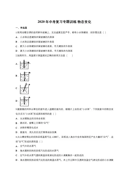 2020年中考复习专题训练 物态变化(含答案)