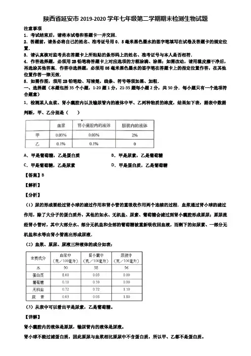 陕西省延安市2019-2020学年七年级第二学期期末检测生物试题含解析