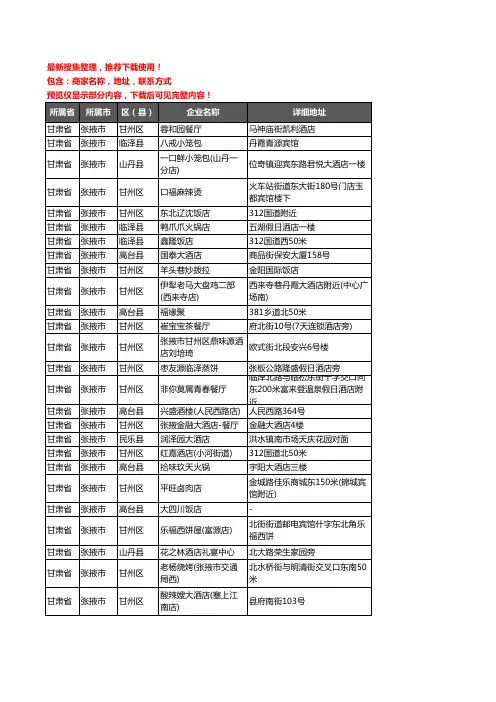 新版甘肃省张掖市酒店餐饮企业公司商家户名录单联系方式地址大全250家