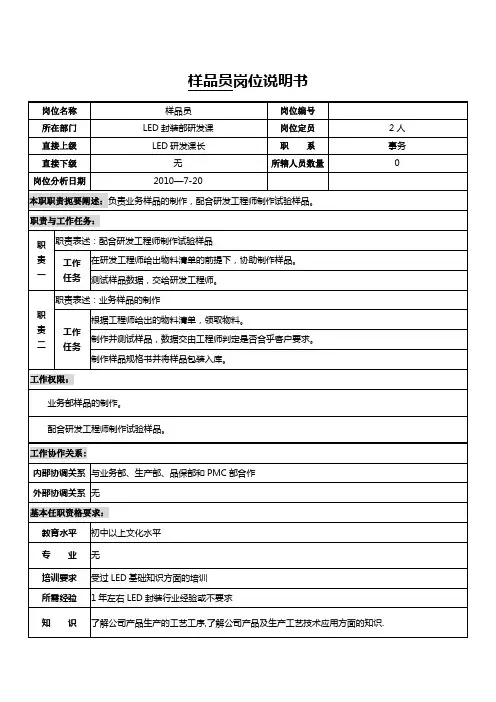 样品员岗位说明书