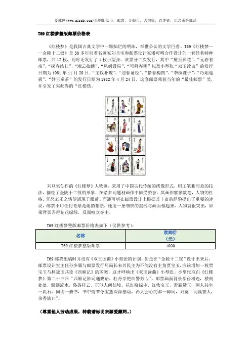 T69红楼梦整版邮票价格表