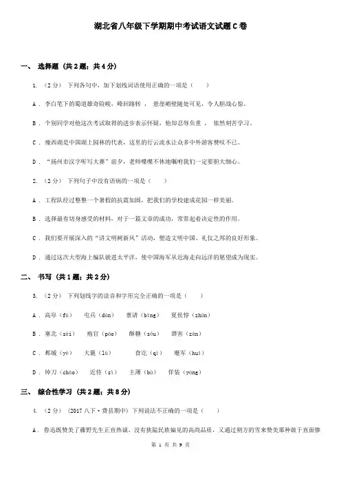 湖北省八年级下学期期中考试语文试题C卷