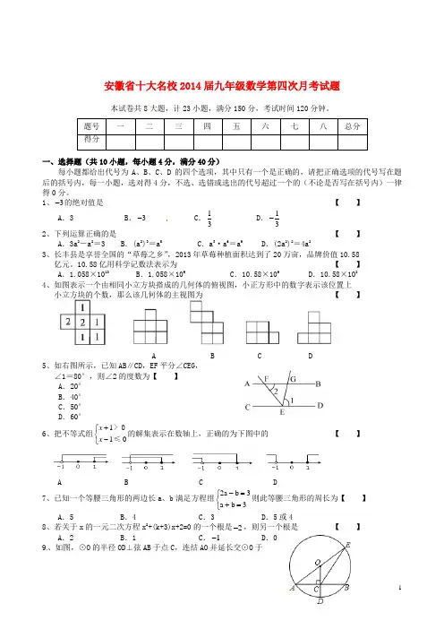 安徽省十大名校2014届九年级数学第四次月考试题