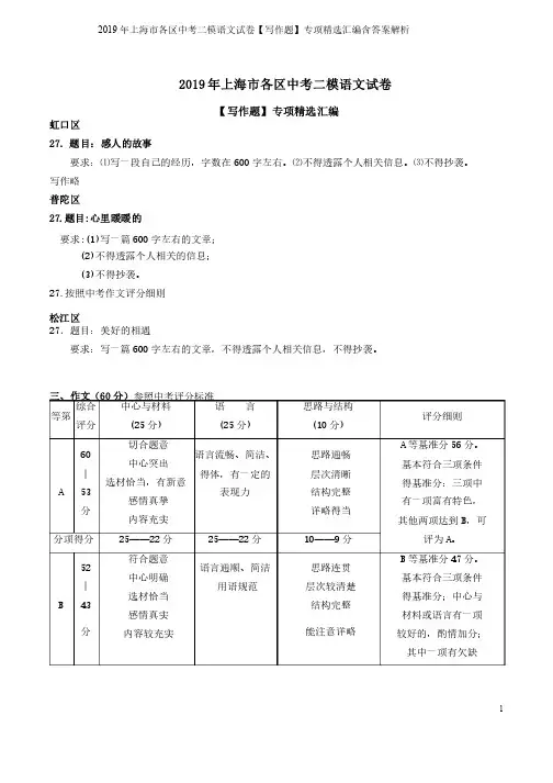 2019年上海市各区中考二模语文试卷【写作题】专项精选汇编含答案解析