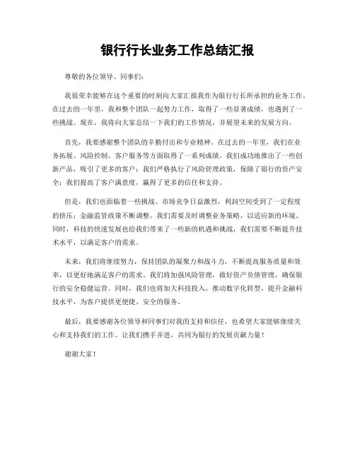 银行行长业务工作总结汇报