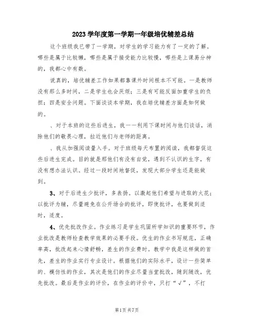 2023学年度第一学期一年级培优辅差总结(3篇)