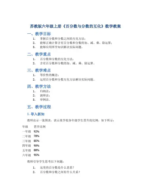 苏教版六年级上册《百分数与分数的互化》数学教案