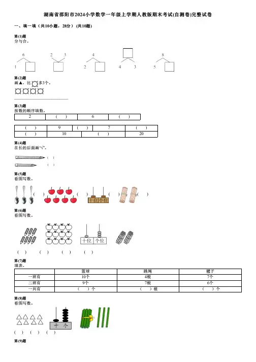 湖南省邵阳市2024小学数学一年级上学期人教版期末考试(自测卷)完整试卷