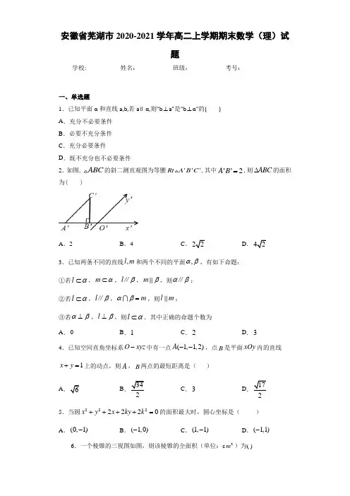 安徽省芜湖市2020-2021学年高二上学期期末数学(理)试题