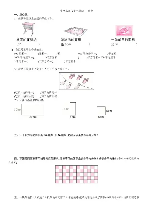 北师大版 数学三年级下册 五  面积 同步练习 (含答案)  面积重难点强化小专题(三)  面积