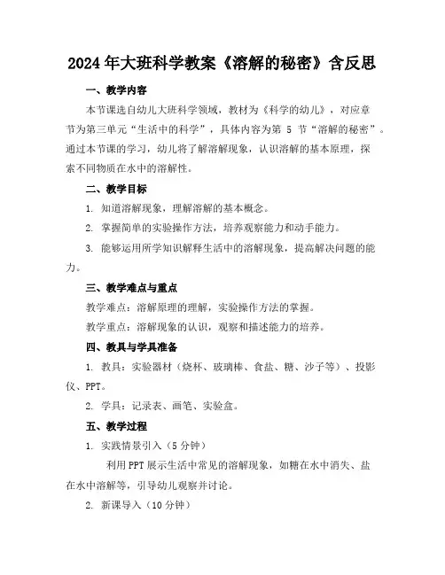 2024年大班科学教案《溶解的秘密》含反思