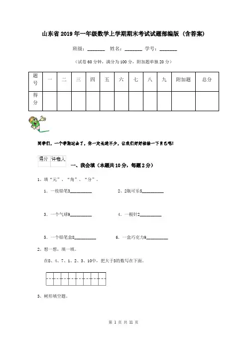 山东省2019年一年级数学上学期期末考试试题部编版 (含答案)