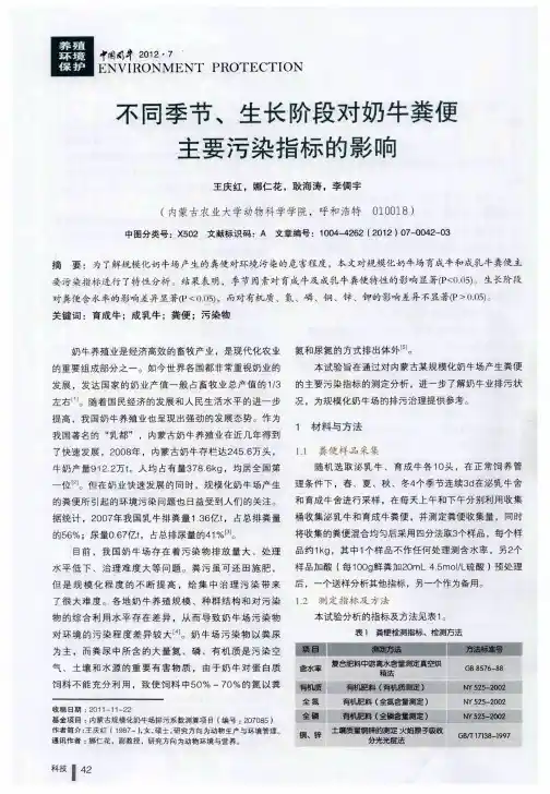 不同季节、生长阶段对奶牛粪便主要污染指标的影响