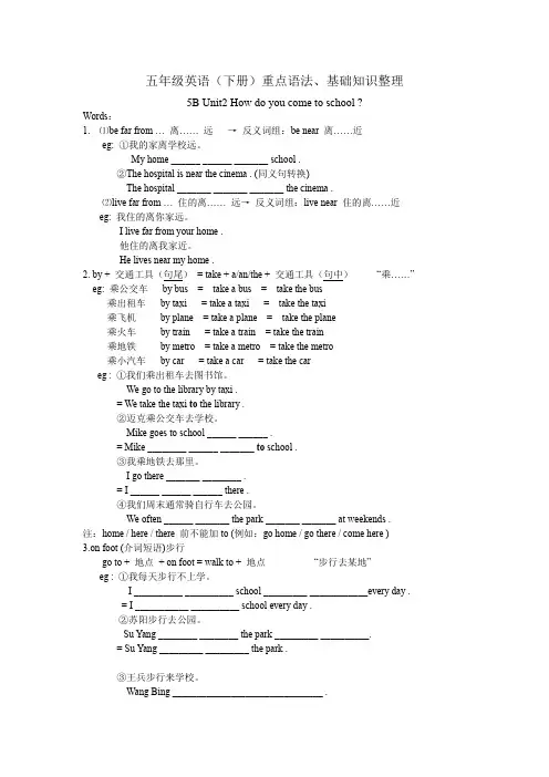 译林版五年级英语下册 Unit 2How do you come to school重点语法、 基础知识整理