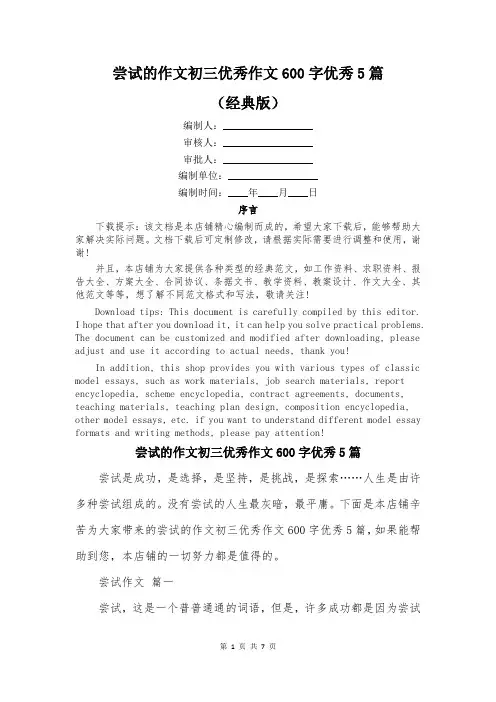 尝试的作文初三优秀作文600字优秀5篇