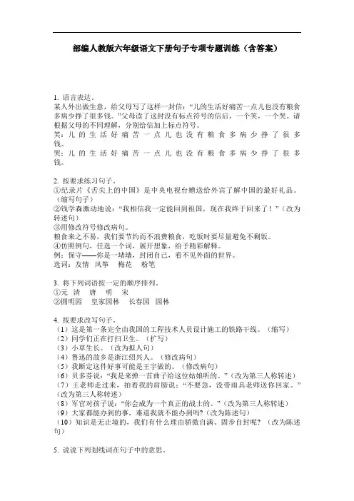 部编人教版六年级语文下册句子专项专题训练(含答案)