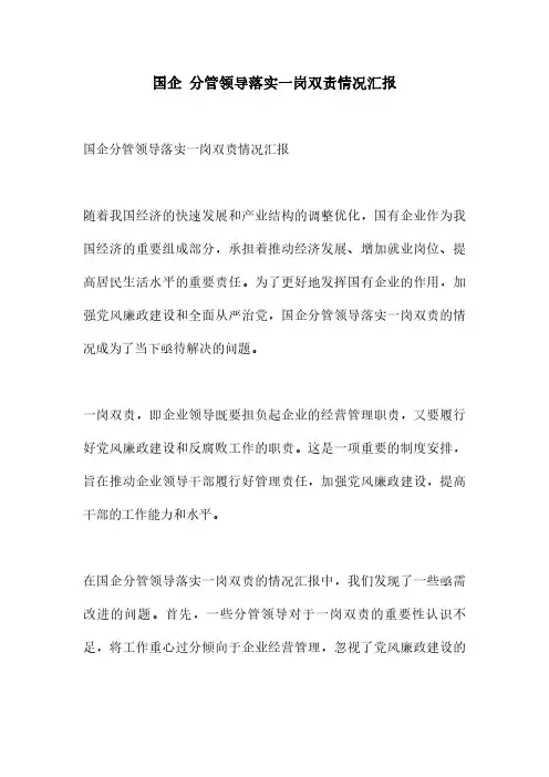国企 分管领导落实一岗双责情况汇报