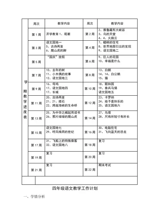 最人教版四年级上册语文教学计划及进度表