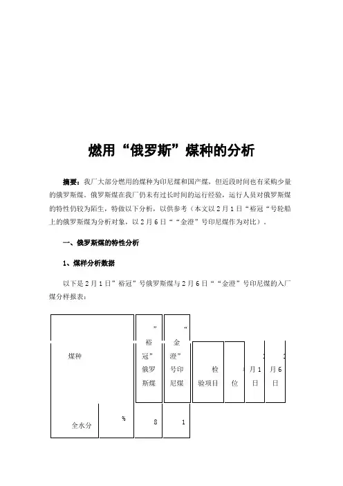 燃用“俄罗斯”煤种的分析
