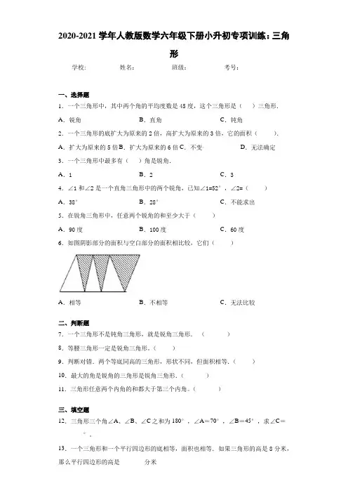 2020-2021学年人教版数学六年级下册小升初专项训练：三角形