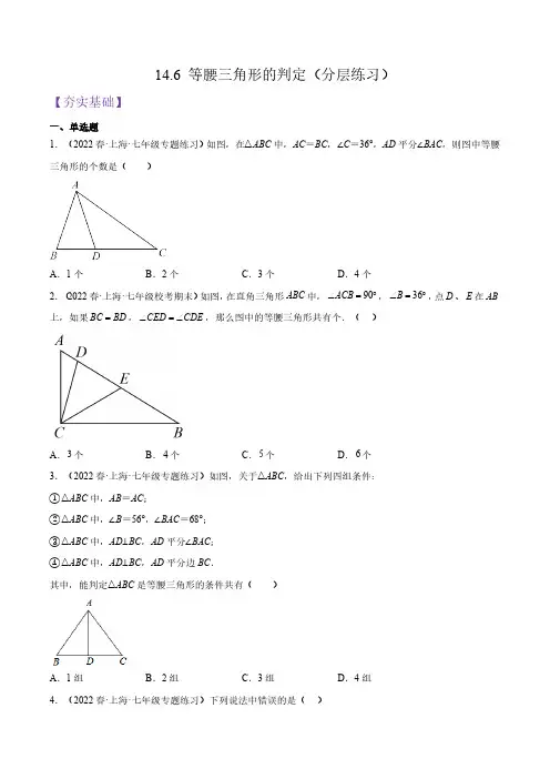 等腰三角形的判定(分层练习)-2022-2023学年七年级数学下册同步精品课堂(沪教版)(原卷版)