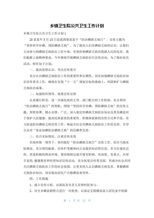乡镇卫生院公共卫生工作计划