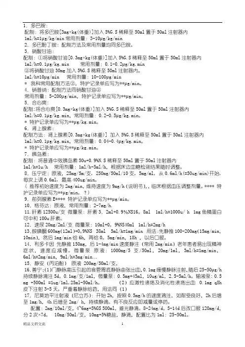 常用静脉泵入药物用法