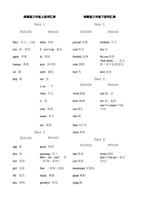 闽教版英语单词表总汇