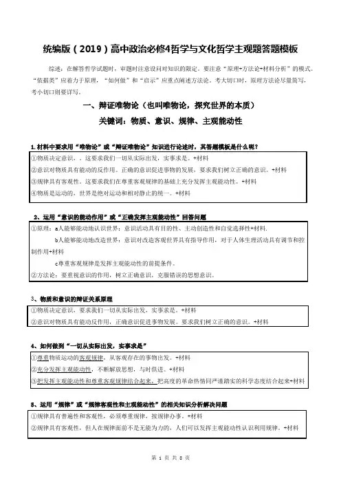 统编版(2019)高中政治必修4哲学与文化哲学主观题答题模板(实用,必备!)