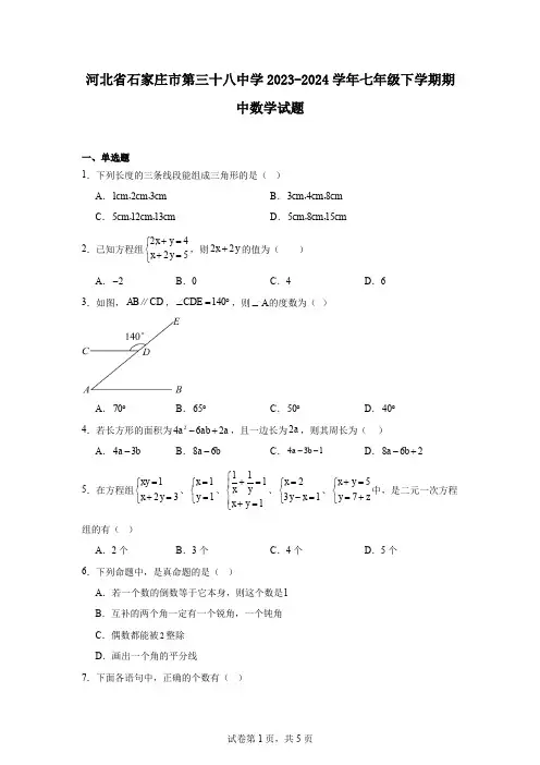 河北省石家庄市第三十八中学2023-2024学年七年级下学期期中数学试题