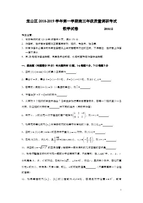 上海市宝山区2019年高三第一学期期末(一模)数学试题及答案(word版)