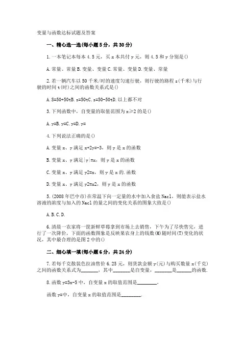 变量与函数达标试题及答案