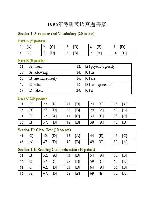 1996年考研英语真题答案