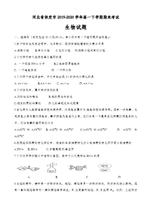 河北省保定市2019-2020学年高一下学期期末考试生物试题_word版有答案