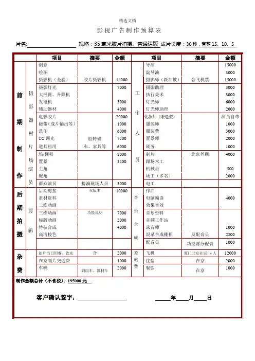 影视广告预算明细表