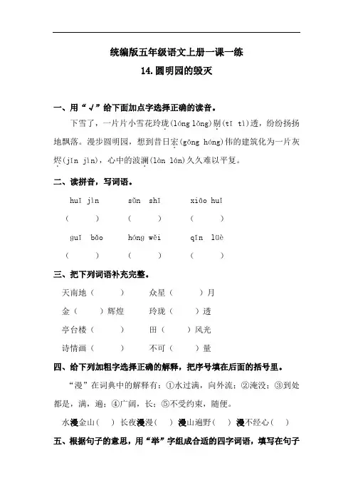 五年级上册语文一课一练-14圆明园的毁灭(含答案)人教统编版