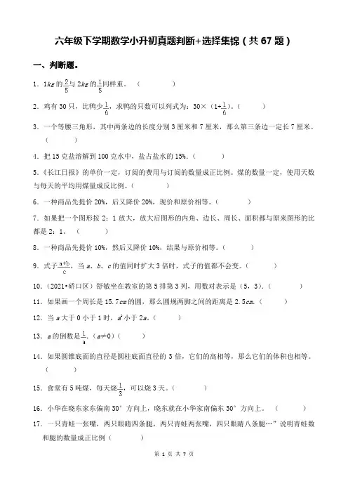 六下数学 小升初真题卷选择+判断集锦(共67题)