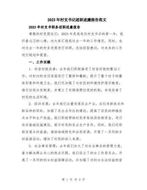 2023年村支书记述职述廉报告范文